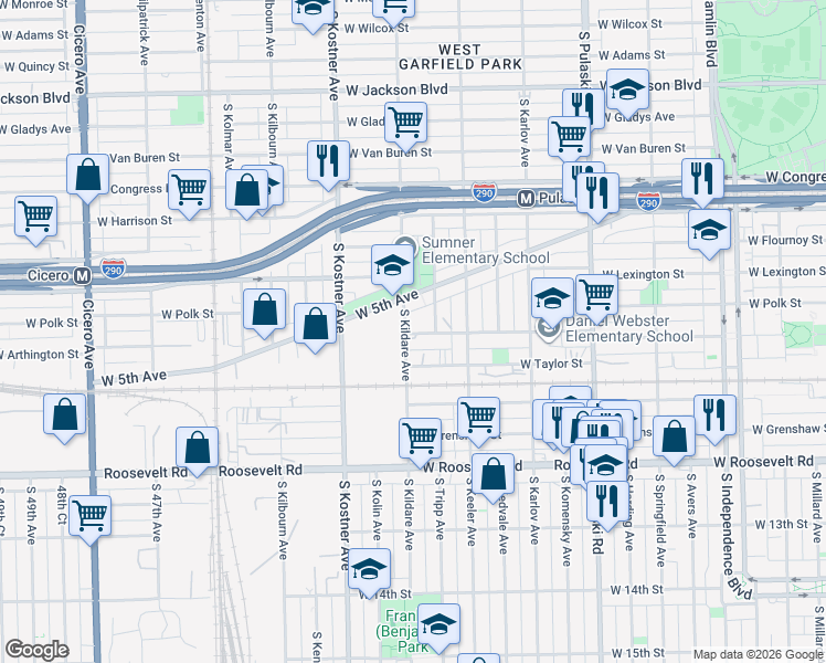 map of restaurants, bars, coffee shops, grocery stores, and more near 4247 West Arthington Street in Chicago