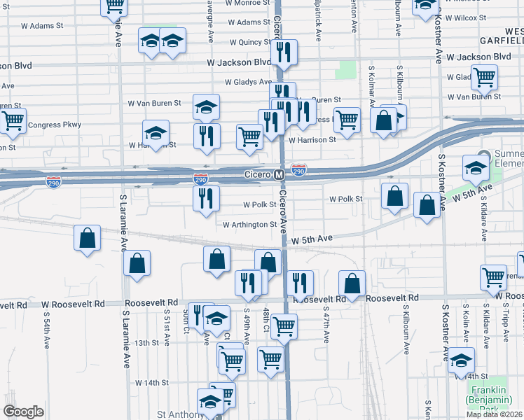 map of restaurants, bars, coffee shops, grocery stores, and more near 4814 West Arthington Street in Chicago