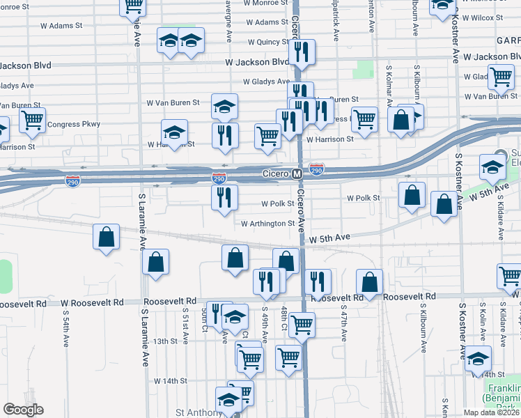 map of restaurants, bars, coffee shops, grocery stores, and more near 4850 West Arthington Street in Chicago