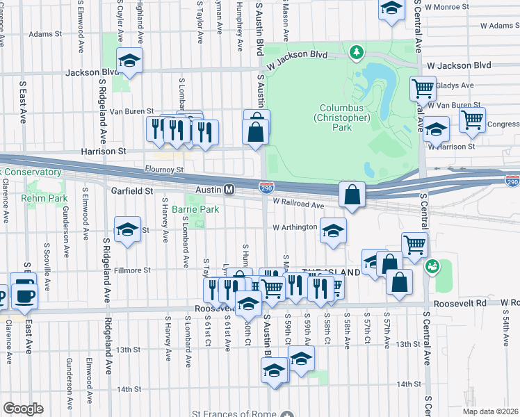 map of restaurants, bars, coffee shops, grocery stores, and more near 931 South Austin Boulevard in Chicago