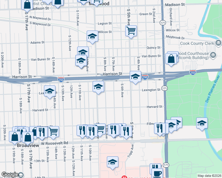 map of restaurants, bars, coffee shops, grocery stores, and more near 1906 South 7th Avenue in Maywood