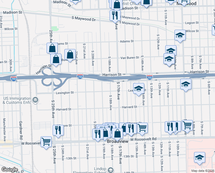 map of restaurants, bars, coffee shops, grocery stores, and more near 1837 Lexington Street in Maywood
