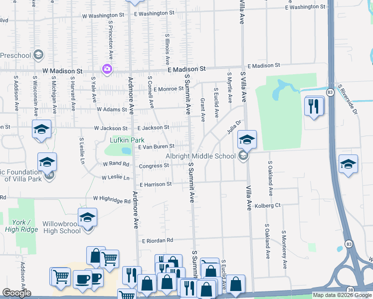 map of restaurants, bars, coffee shops, grocery stores, and more near 1106 South Summit Avenue in Villa Park