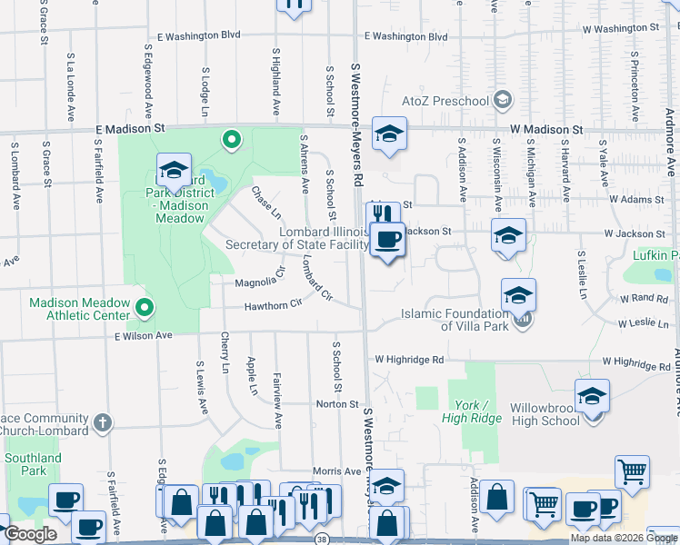 map of restaurants, bars, coffee shops, grocery stores, and more near 67 Lombard Circle in Lombard