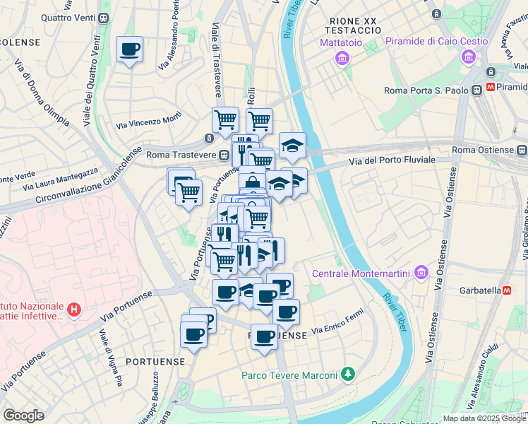 map of restaurants, bars, coffee shops, grocery stores, and more near 17 Piazza della Radio in Roma