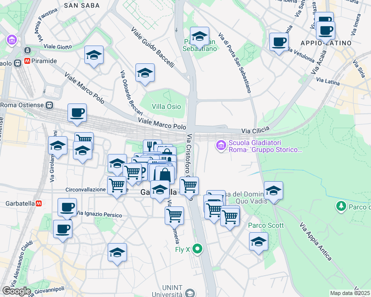 map of restaurants, bars, coffee shops, grocery stores, and more near 80 Via Cristoforo Colombo in Rome