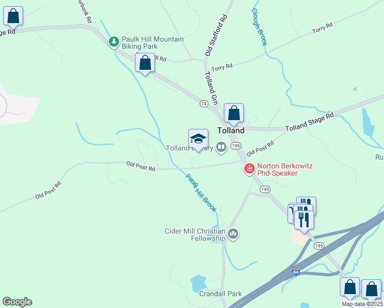 map of restaurants, bars, coffee shops, grocery stores, and more near 98 Old Post Road in Tolland