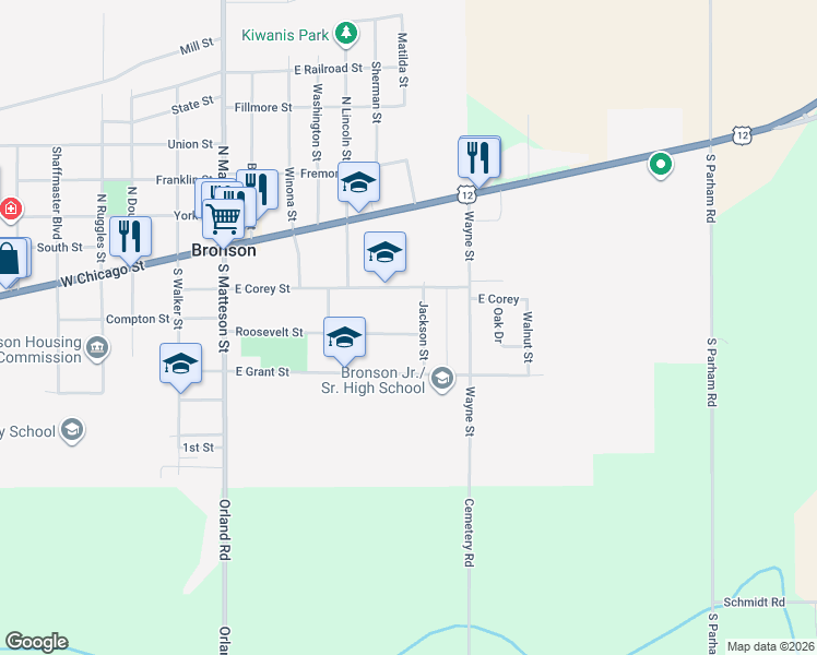 map of restaurants, bars, coffee shops, grocery stores, and more near 346 Roosevelt Street in Bronson