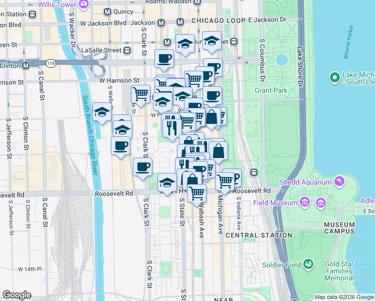 map of restaurants, bars, coffee shops, grocery stores, and more near 1001 South State Street in Chicago