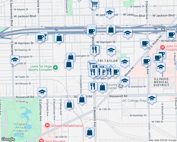 map of restaurants, bars, coffee shops, grocery stores, and more near 2418 West Taylor Street in Chicago