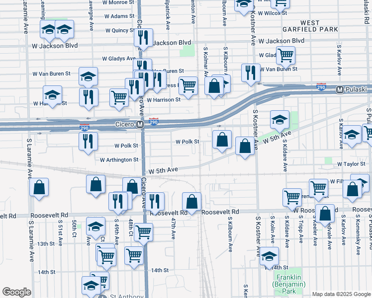 map of restaurants, bars, coffee shops, grocery stores, and more near 4627 West Arthington Street in Chicago