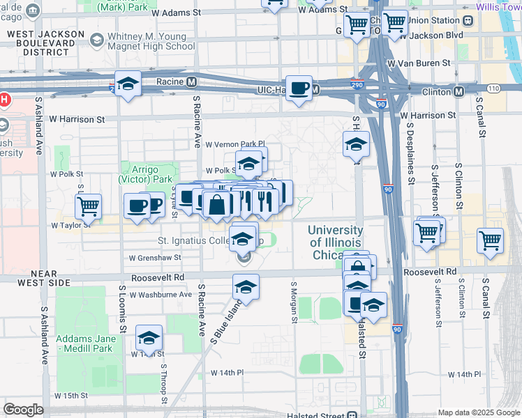 map of restaurants, bars, coffee shops, grocery stores, and more near 923 South Carpenter Street in Chicago