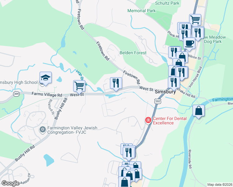 map of restaurants, bars, coffee shops, grocery stores, and more near 77 West Street in Simsbury