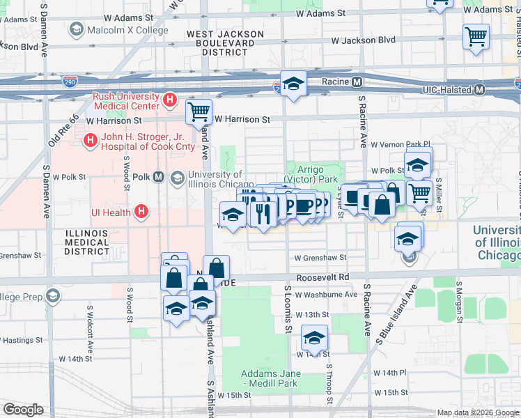 map of restaurants, bars, coffee shops, grocery stores, and more near 1004 South Bishop Street in Chicago