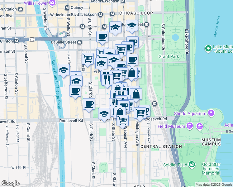 map of restaurants, bars, coffee shops, grocery stores, and more near 1001 South State Street in Chicago