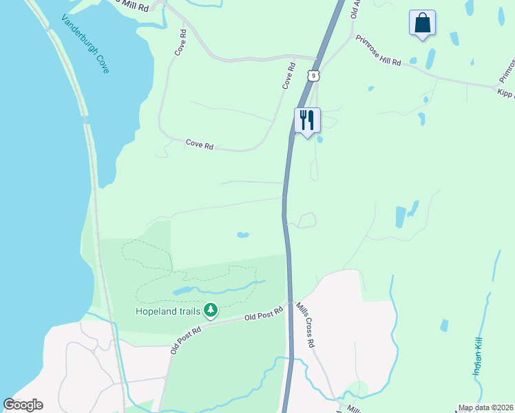 map of restaurants, bars, coffee shops, grocery stores, and more near 25 Hope Land Lane in Staatsburg