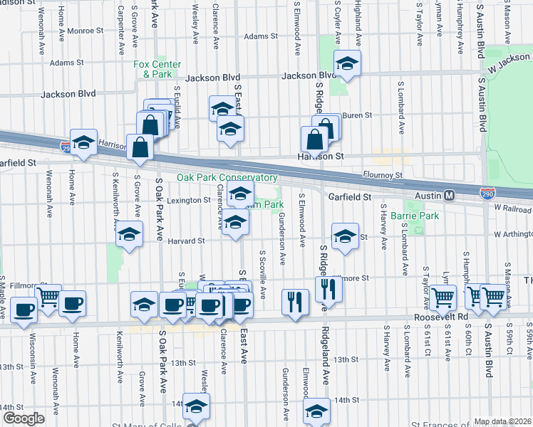 map of restaurants, bars, coffee shops, grocery stores, and more near 1032 South Scoville Avenue in Oak Park