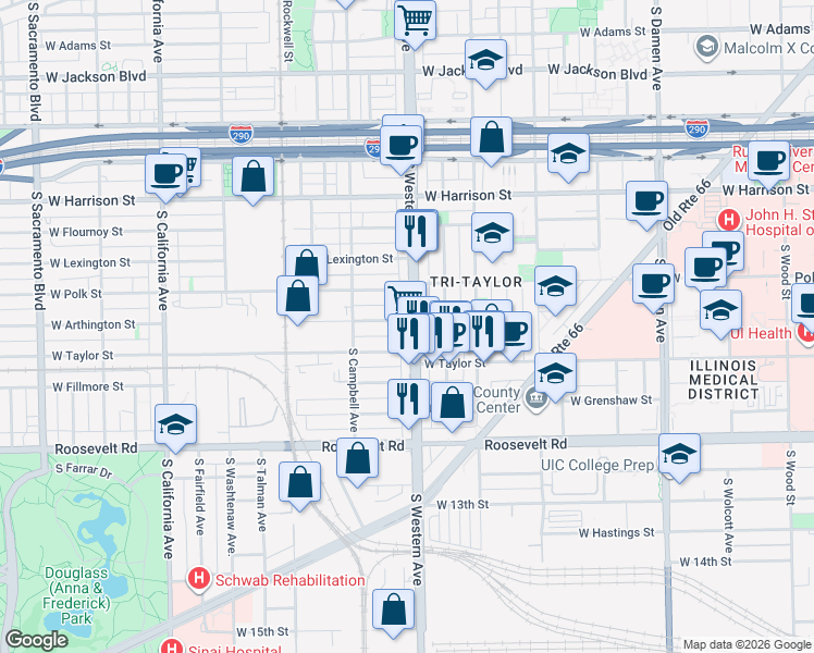 map of restaurants, bars, coffee shops, grocery stores, and more near 2420 West Taylor Street in Chicago