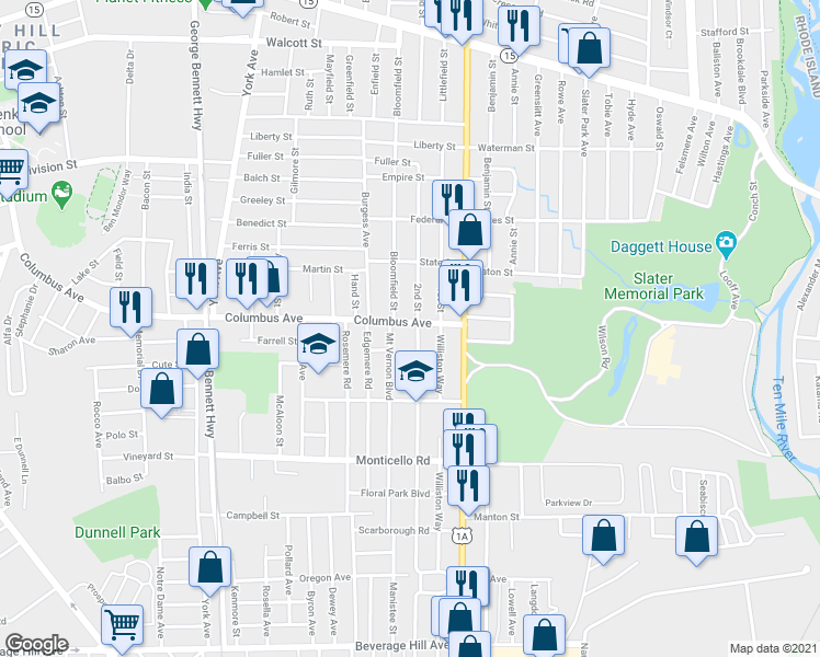map of restaurants, bars, coffee shops, grocery stores, and more near 33 Woodhaven Road in Pawtucket