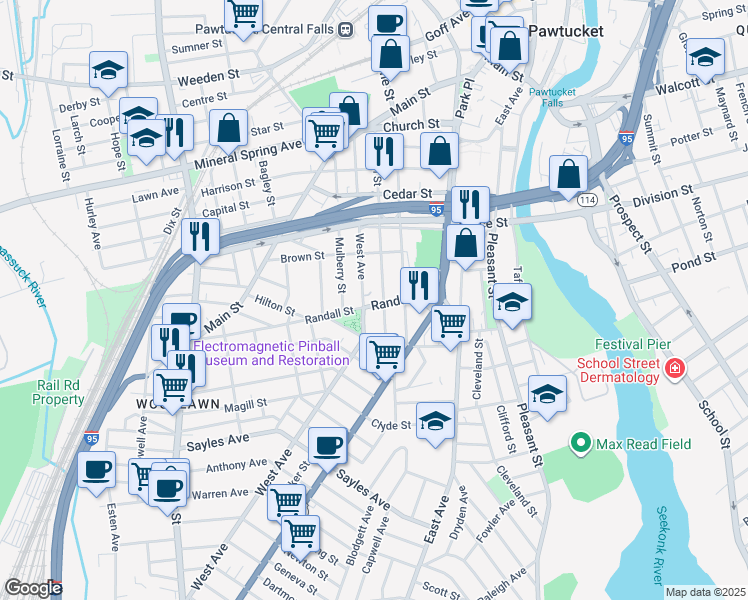 map of restaurants, bars, coffee shops, grocery stores, and more near 226 West Avenue in Pawtucket