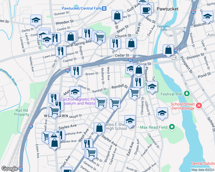 map of restaurants, bars, coffee shops, grocery stores, and more near 226 West Avenue in Pawtucket