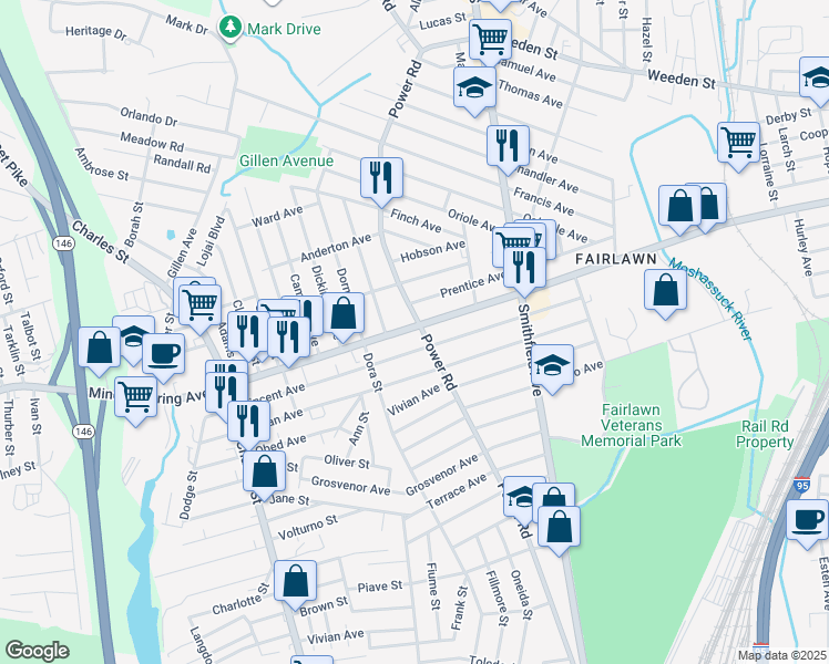 map of restaurants, bars, coffee shops, grocery stores, and more near 16 Vincent Avenue in Pawtucket