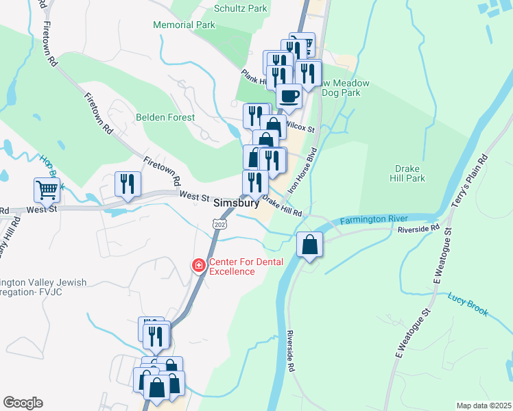 map of restaurants, bars, coffee shops, grocery stores, and more near in Simsbury