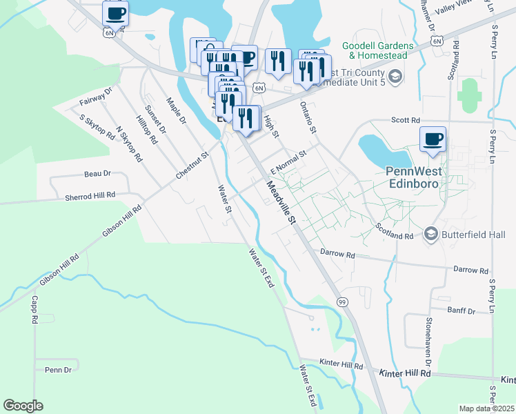 map of restaurants, bars, coffee shops, grocery stores, and more near 214 Meadville St in Edinboro