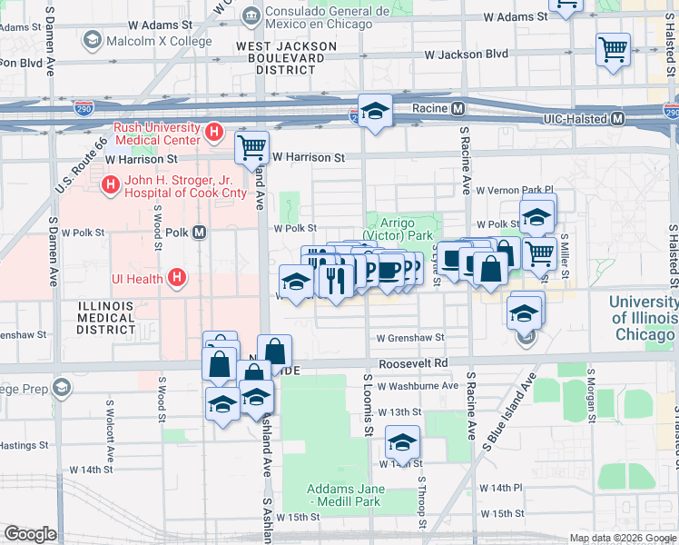 map of restaurants, bars, coffee shops, grocery stores, and more near 1004 South Bishop Street in Chicago