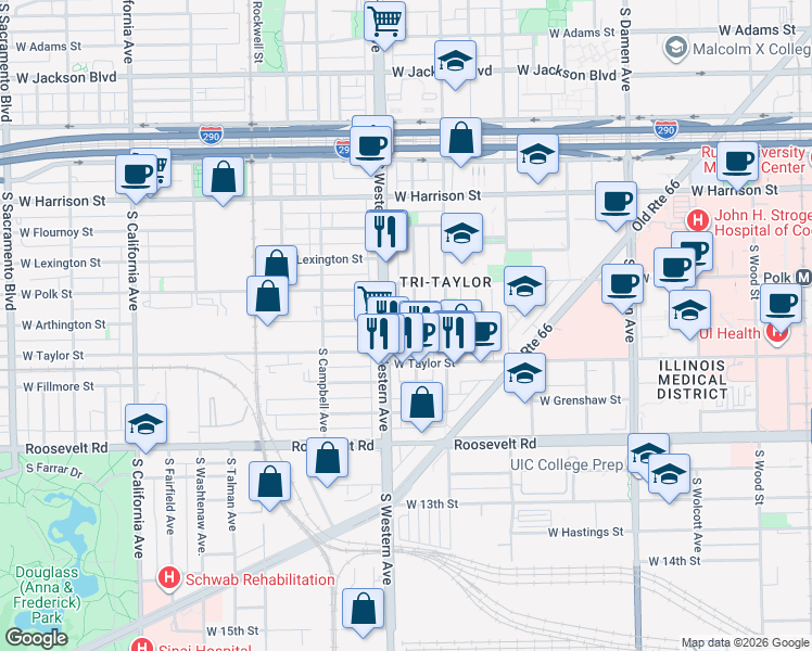 map of restaurants, bars, coffee shops, grocery stores, and more near 902 South Claremont Avenue in Chicago