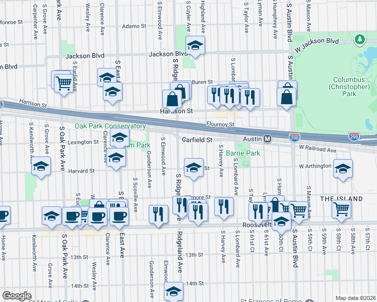 map of restaurants, bars, coffee shops, grocery stores, and more near 1035 South Cuyler Avenue in Oak Park
