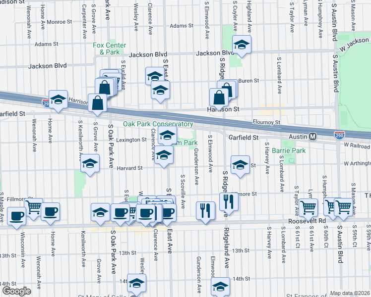 map of restaurants, bars, coffee shops, grocery stores, and more near 1032 South Scoville Avenue in Oak Park