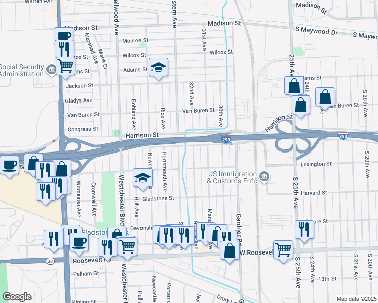 map of restaurants, bars, coffee shops, grocery stores, and more near 711 Norfolk Avenue in Westchester