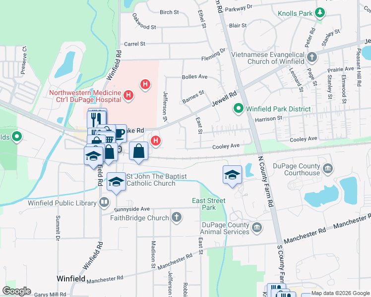 map of restaurants, bars, coffee shops, grocery stores, and more near Robbins Street in Winfield