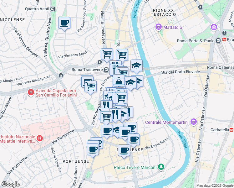 map of restaurants, bars, coffee shops, grocery stores, and more near 17 Piazza della Radio in Rome