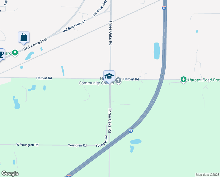 map of restaurants, bars, coffee shops, grocery stores, and more near 13742 Three Oaks Road in Sawyer
