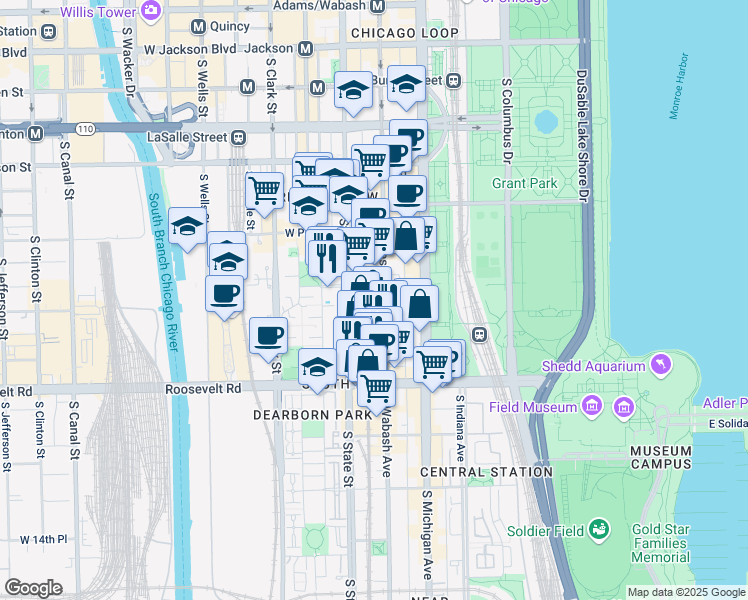 map of restaurants, bars, coffee shops, grocery stores, and more near 1025 South State Street in Chicago