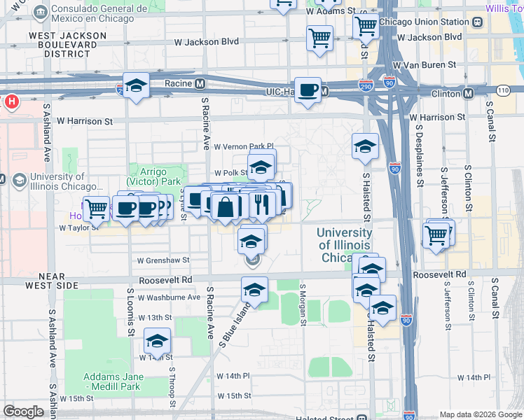 map of restaurants, bars, coffee shops, grocery stores, and more near 1074 West Taylor Street in Chicago