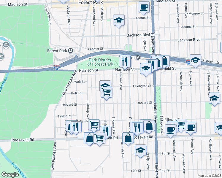 map of restaurants, bars, coffee shops, grocery stores, and more near 920 Thomas Avenue in Forest Park
