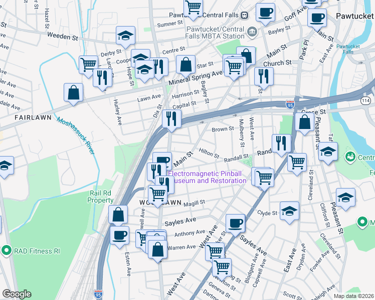 map of restaurants, bars, coffee shops, grocery stores, and more near 802 Main Street in Pawtucket