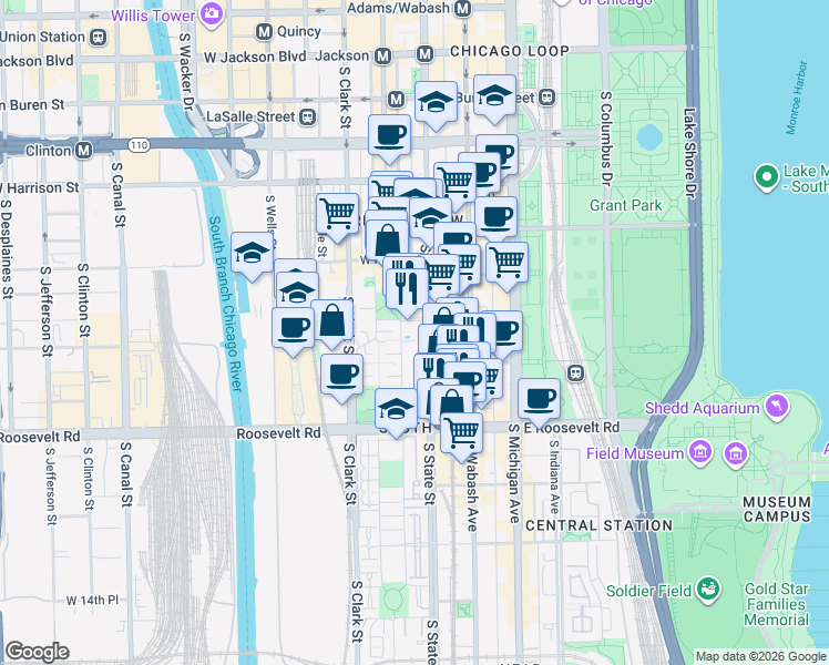 map of restaurants, bars, coffee shops, grocery stores, and more near 901 South Plymouth Court in Chicago