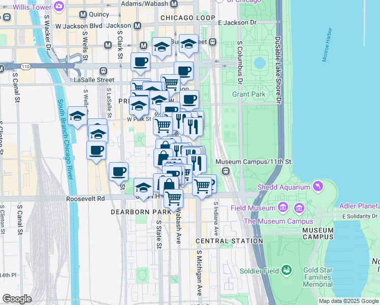 map of restaurants, bars, coffee shops, grocery stores, and more near 58 East 11th Street in Chicago