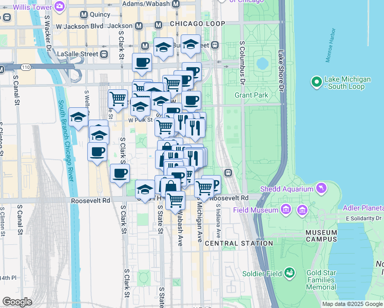 map of restaurants, bars, coffee shops, grocery stores, and more near 58 East 11th Street in Chicago