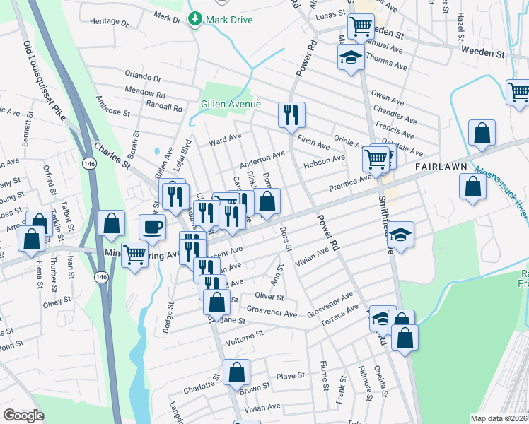map of restaurants, bars, coffee shops, grocery stores, and more near 13 Dickinson Avenue in North Providence