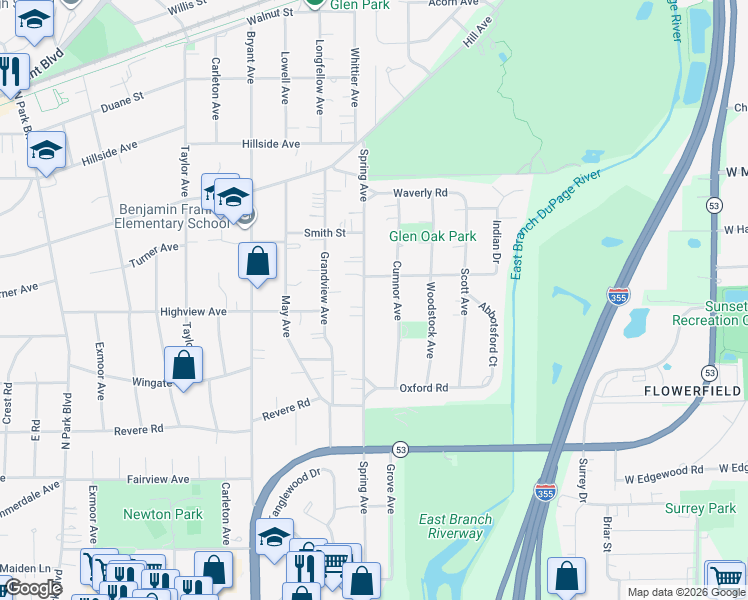 map of restaurants, bars, coffee shops, grocery stores, and more near 274 Cumnor Avenue in Glen Ellyn