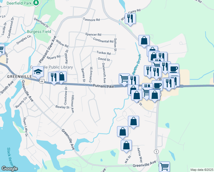 map of restaurants, bars, coffee shops, grocery stores, and more near Putnam Pike in Smithfield