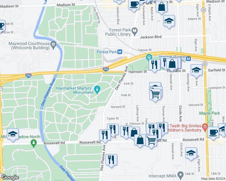 map of restaurants, bars, coffee shops, grocery stores, and more near 863 Des Plaines Avenue in Forest Park