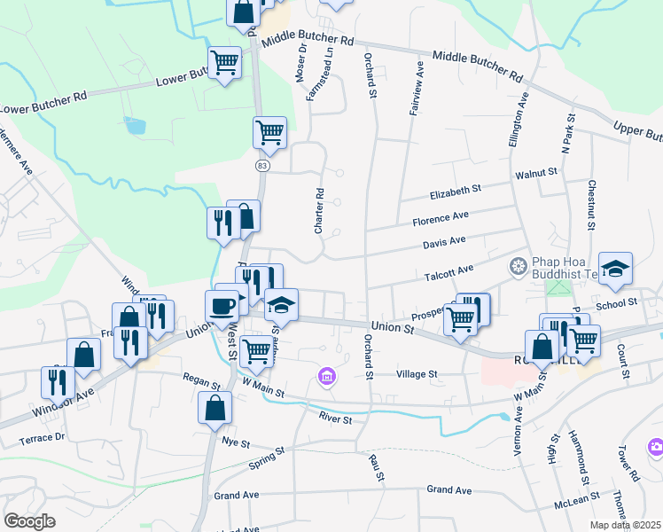 map of restaurants, bars, coffee shops, grocery stores, and more near 33 Grant Street in Vernon