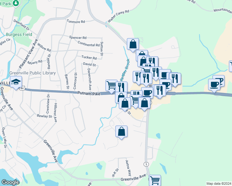 map of restaurants, bars, coffee shops, grocery stores, and more near 468 Putnam Pike in Smithfield