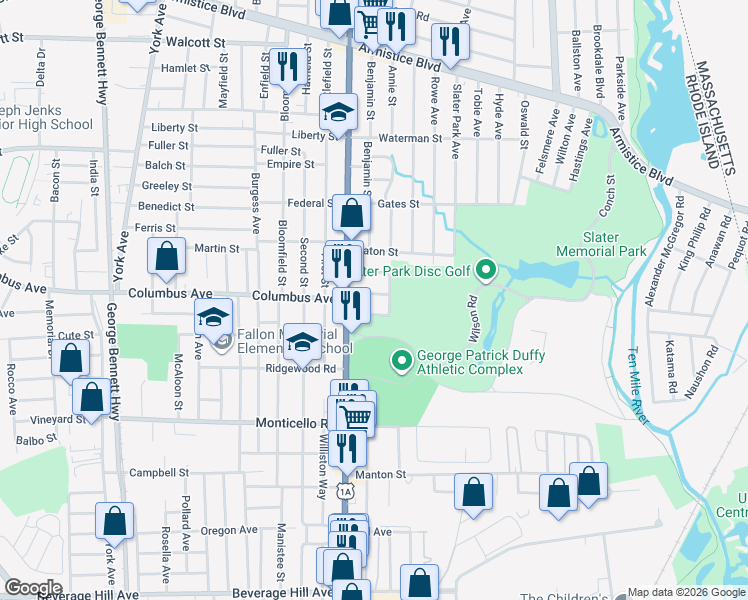 map of restaurants, bars, coffee shops, grocery stores, and more near 16 Loring Parkway in Pawtucket